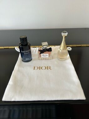 Dior Mini Perfume Trio in Black, Pink, Gold with White Pouch